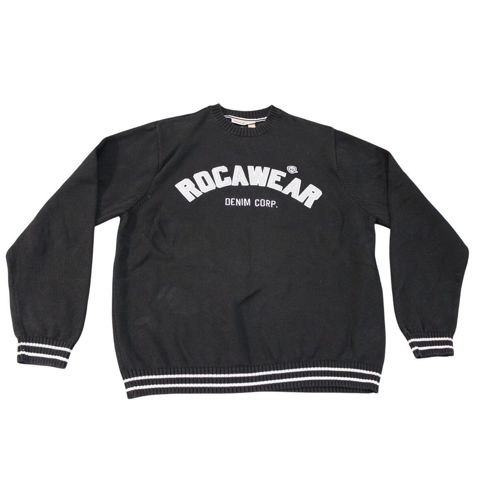 Rocawear Mens Black Denim Corp Crewneck Sweater Knit Striped Cuffs Size XL